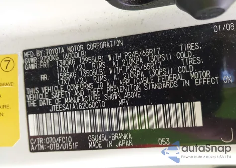 2008 Toyota Highlander from USA, damaged, VIN JTEES41A182060010